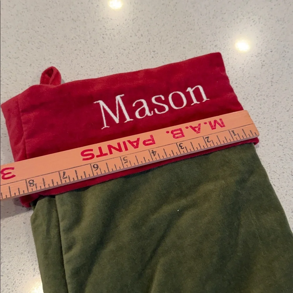 Pottery Barn NWT Velvet Large Stocking Embroidered with “MASON” in Red and Green